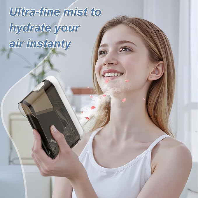 Desk Fans Small Quiet with Humidifier, 14 Inch Bladeless Desk Fan with 9 Speed Adjustment, 60° Oscillating, 8 H Timer, 2 Modes Desktop Cooling Fan for Bedroom, Office, Nightstand, Sleep, White