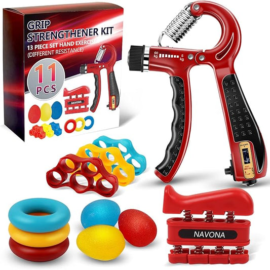 11PCS Grip Strength Trainer Kits, Hand Gripper Strengthener, Forearm Strengthener, Finger Strengthener, Finger Exerciser, Hand Exerciser, Stress Relief Ball, Grip Ring, for Muscle Building, Recover Hand Injury-FlexoryFit
