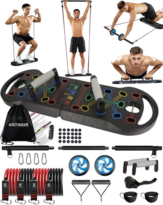 HOTWAVE Portable Exercise Equipment with 16 Gym Accessories.20 in 1 Push Up Board Fitness,Resistance Bands with Ab Roller Wheel,Full Body Workout at Home-FlexoryFit