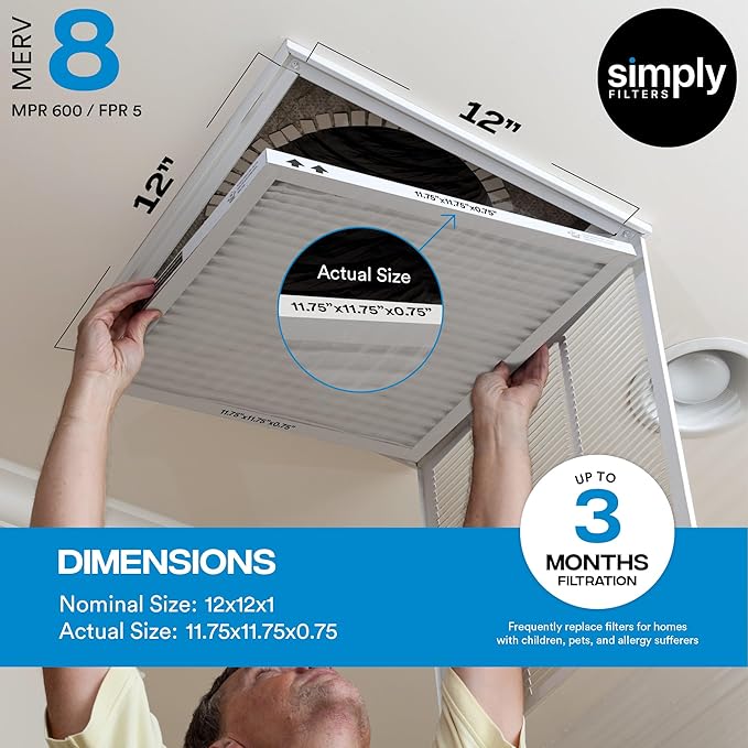 Simply 12x12x1 Air Filter, MERV 8, MPR 600, 6 Pack, Furnace Air Filter for HVAC (Actual Size: 11.75"x11.75"x0.75") DUST, Pet, & Allergy Control