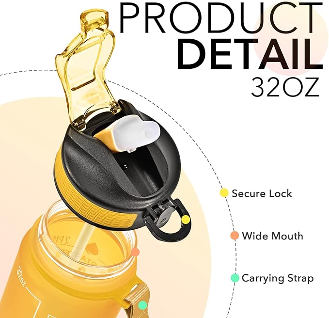 Hyeta 32 oz Water Bottles with Times to Drink and Straw, Motivational Water Bottle with Time Marker, Leakproof, Drinking Sports Water Bottle for Fitness, Gym and Outdoor-FlexoryFit
