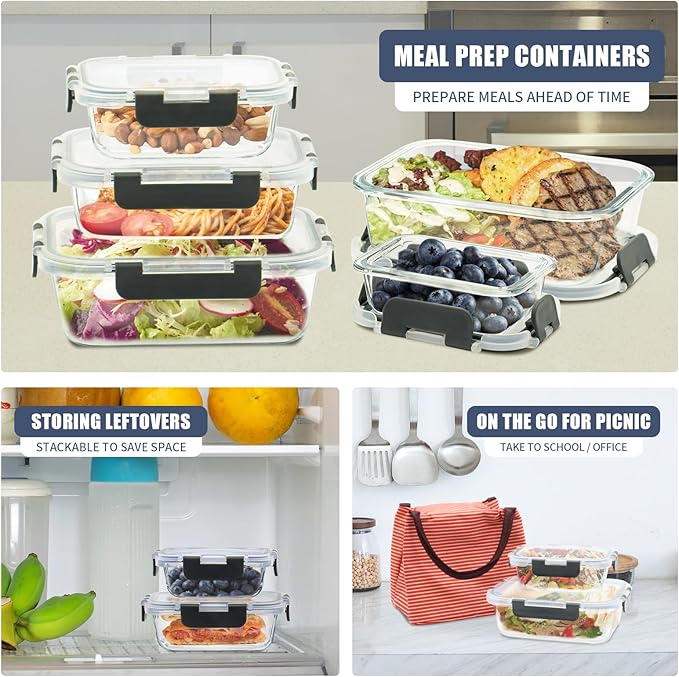 12 Pack Glass Food Storage Containers, Glass Storage Containers with Lids for Meal Prep, Lunch, Airtight, Freezer to Microwave Safe (12 Lids & 12 Containers)-FlexoryFit