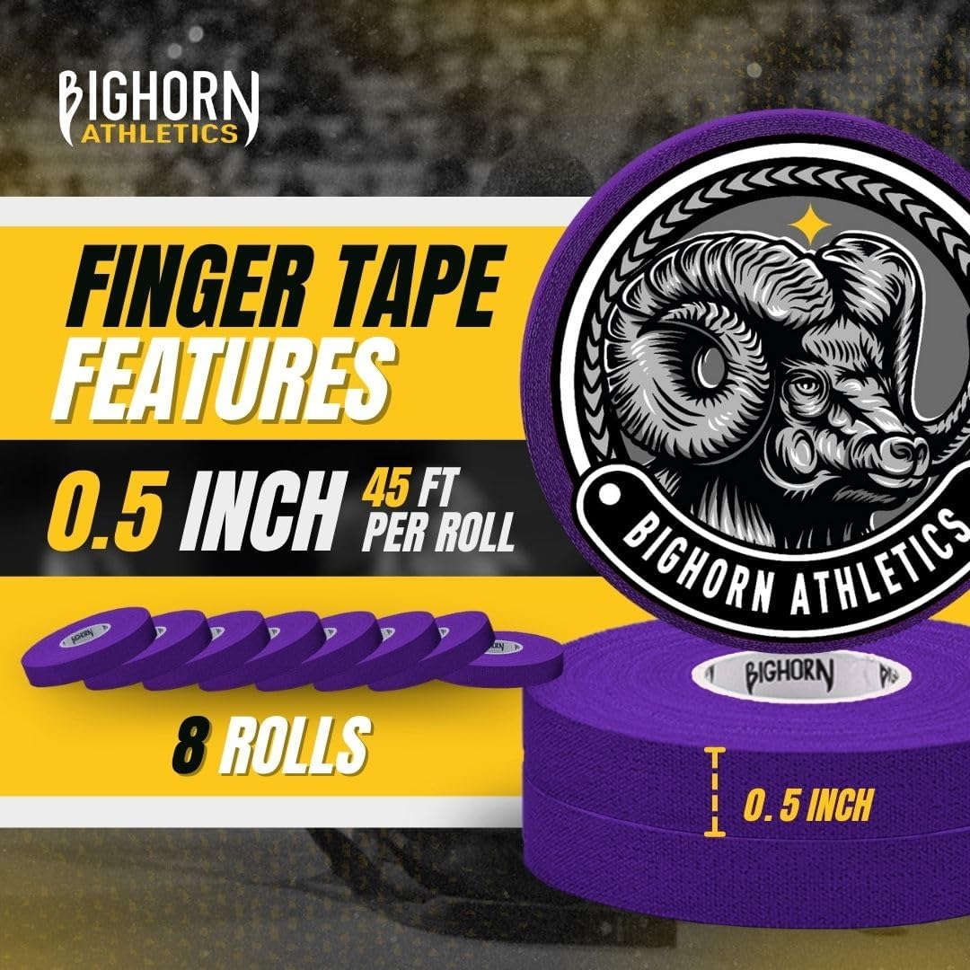 Bighorn Athletics Jiu Jitsu Finger Tape, Rock Climbing Tape | Multipurpose for Sports & Injuries: MMA, Volleyball, Football, Basketball, Tennis, Golf, Hands & Toes, 0.5-Inch x 45-feet, 8-Rolls, Purple