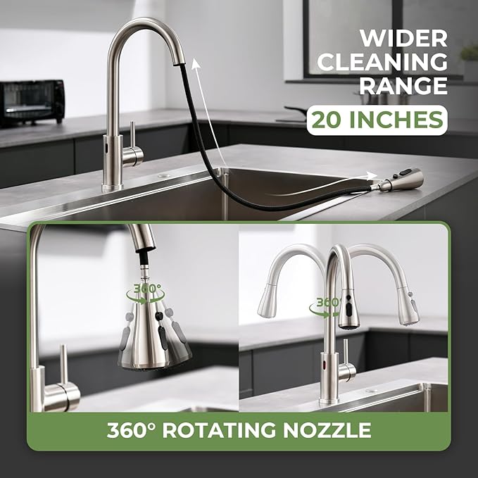 Touchless Kitchen Faucet, VFAUOSIT Kitchen Sink Faucet with Pull Down Sprayer Brushed Nickel Motion Sensor Smart Hands-Free, Stainless Steel Single Hole Faucet for Bar Laundry RV Utility Sink