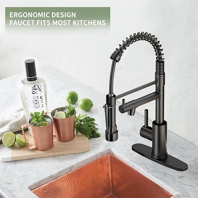 Commercial Pull-Down Kitchen Sink Faucet - Single Handle, Dual Spout, Stainless Steel, with Countertop & Sprayer (Black-03)