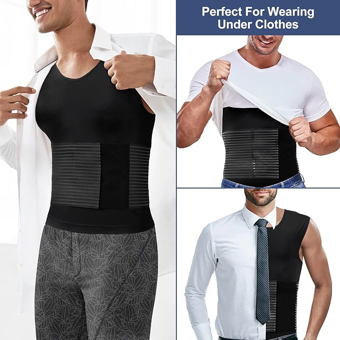 Odoland Men Body Shaper Compression Shirt, Adjustable Velcro Waist Trimmer Belt Intensity, Slimming Shapewear Tummy Control-FlexoryFit