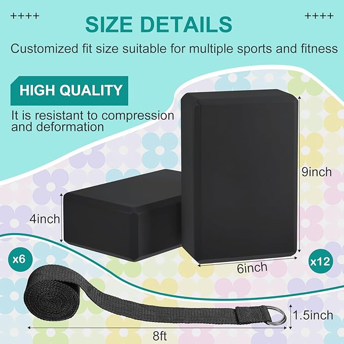 Meooeck 18 Pcs Yoga Block and Strap Set 9 x 6 x 3 Inch EVA Foam Non Slip Brick 8 ft Yoga Straps for Stretching D Ring Design for Back to School Pilates Fitness Workout Exercise-FlexoryFit