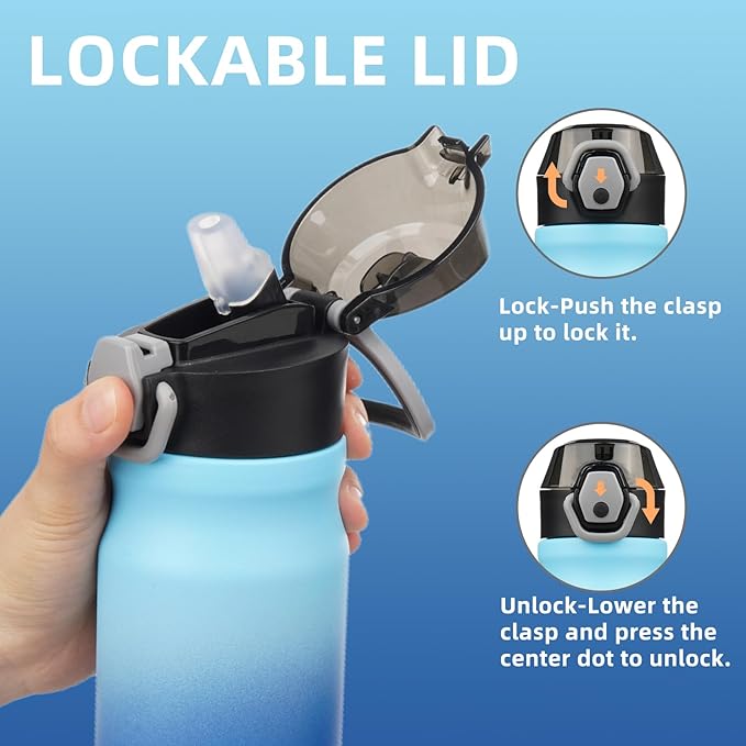 Insulated Water Bottle with Straw and Carry Loop,18 oz Stainless Steel Double Wall Vaccum Metal Water Flask with Leak-proof Lid,Sky-FlexoryFit
