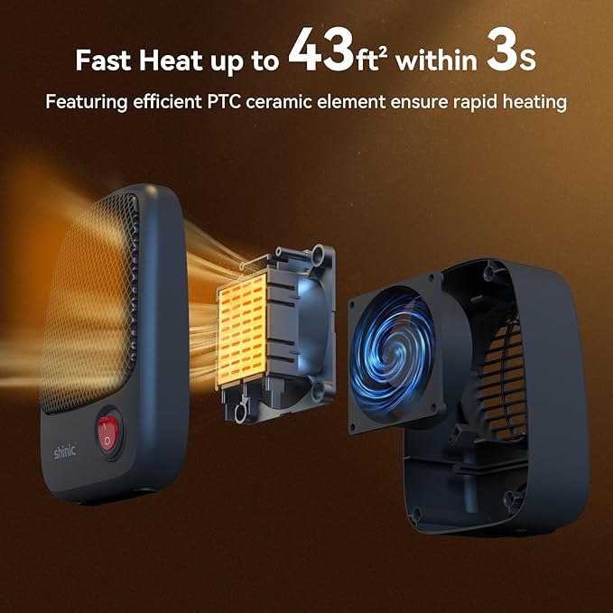 shinic Small Space Heater, 500W Portable Electric PTC Ceramic Heater with Fast Heating, Overheat Protection, Safe and Quiet Personal Heater for Indoor Use, Desk Home Office Bedroom,Black,2 Pack