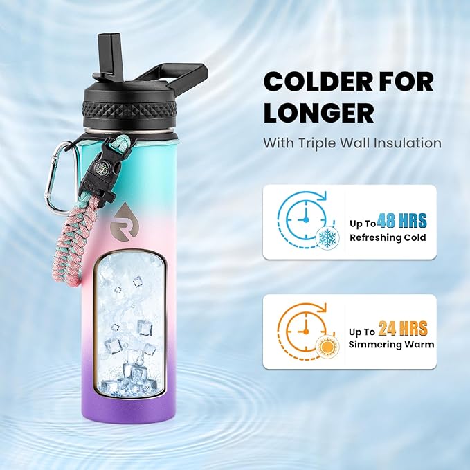 Insulated Water Bottle 20 oz, Triple Wall Vacuum Stainless Steel (Cold for 48 Hrs), Leak Proof & Non-BPA, Kids Water Bottle Jug for School with Straw Spout Lids, Hydrangea-FlexoryFit