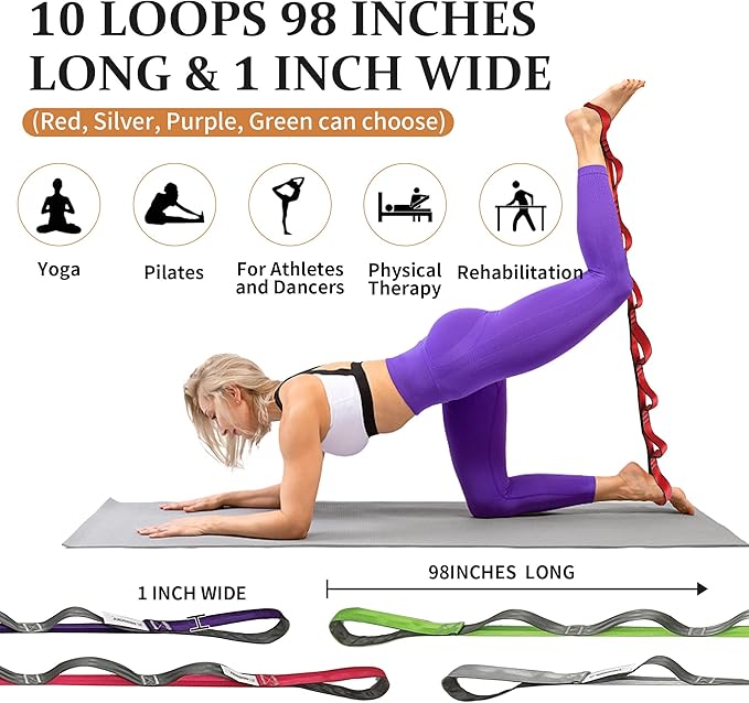Stretching Strap Yoga Strap, 10 Loops Non-Elastic Stretch Bands Helps Women and Men Improve Flexibility for Home Workout, Physical Therapy, Pilates, Exercise, Dance, Comes with Door Anchor-FlexoryFit