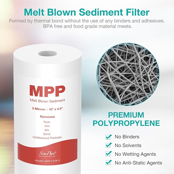SimPure 2-Stage 10" x 4.5" Whole House Water Filter Replacement Cartridges, 5 Micron Sediment and Carbon Water Filters Combo, for GE FXHTC, GXWH40L, WGB21B, FP15B, FC15B, 2-Pack