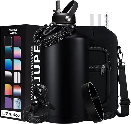128OZ Insulated Water-Bottles with Strap - 1 Gallon Large Water Jug with Straw & Spout Lid, Stainless Steel Water Bottle Leak Proof, Cold-48h Hot-24h Metal Water Flask w/Paracord Handle, Carrier Bag-FlexoryFit