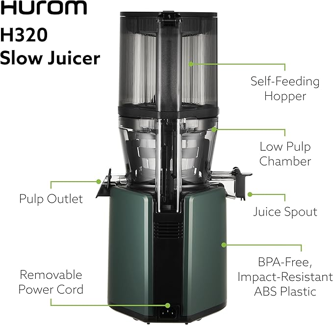 Hurom H320 Cold Press Juicer Machine, Easy to Clean Masticating Slow Juicer, Coarse Strainers, Self-Feeding, Hands Free, Family Size, Quiet Motor, Easy Assembly (Kale/Dark Green)-FlexoryFit