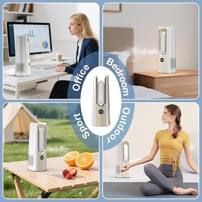 Desk Fans Small Quiet with Humidifier, 14 Inch Bladeless Desk Fan with 9 Speed Adjustment, 60° Oscillating, 8 H Timer, 2 Modes Desktop Cooling Fan for Bedroom, Office, Nightstand, Sleep, White
