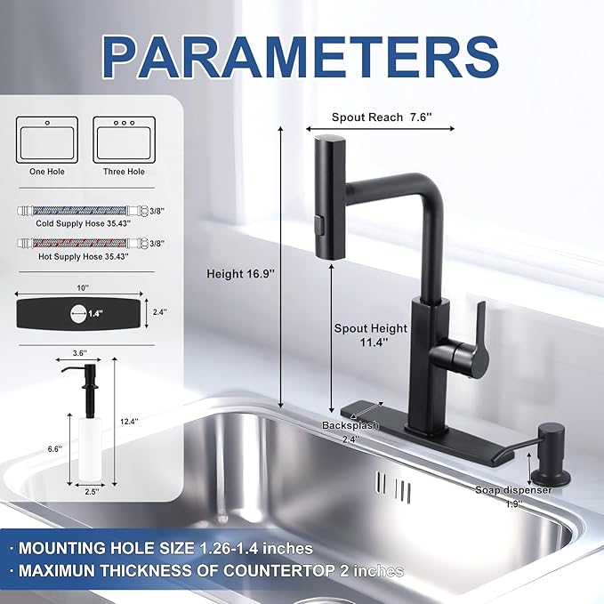 Kitchen Faucet with Pull Down Sprayer: ALEASHA Waterfall Kitchen Sink Faucet with Soap Dispenser, 3 Modes 360° Swivel Single Handle Tap for RV/Bar, Matte Black Single Hole Brass Pull Out Modern Tap