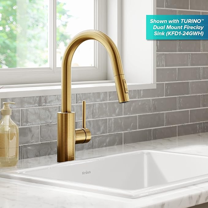 KRAUS Oletto Single Handle Pull Down Kitchen Faucet with QuickDock Top Mount Installation Assembly in Spot-Free Brushed Brass, KPF-2620BB
