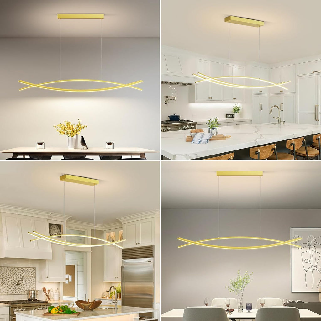 Modern LED Pendant Lights, 47in Gold Chandelier Dimmable with Remote Control 3000k-6000K Adjustable Color Temperature, Aluminum Island Lighting Lamp Fixture for Kitchen, Dining Room