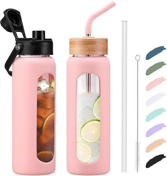 Kodrine Water Bottle with Straw, 24 oz Glass water Bottle with 2 Lids Bamboo Straw Lid and Spout Lid with Handle, 32 oz Clear Water Bottle Glass for Sports Travel, Waterbottle with Time Marker-FlexoryFit