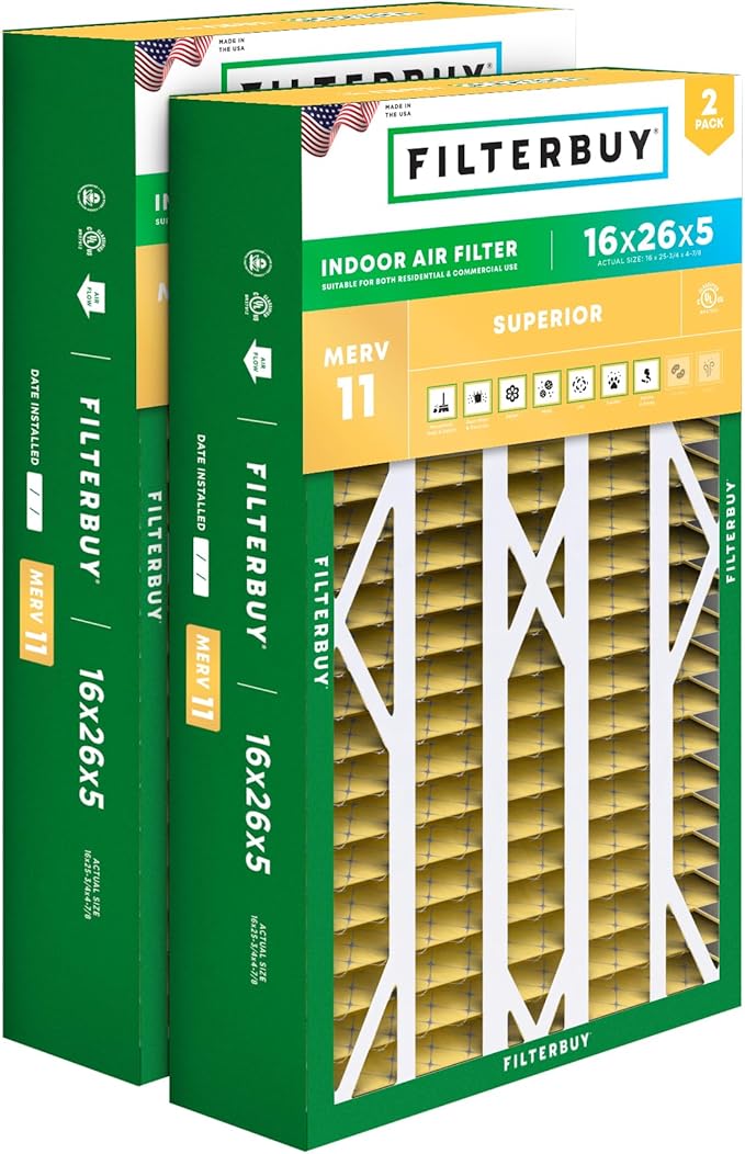 Filterbuy 16x26x5 Air Filter MERV 11 Allergen Defense (2-Pack), Pleated HVAC AC Furnace Air Filters for Electro-Air, Emerson, White Rodgers, & Comfort Plus (Actual Size: 16.00 x 25.75 x 4.88 Inches)