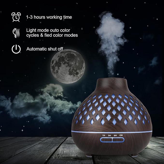 Essential Oil Diffuser, Aromatherapy Diffuser 500ml with Remote Control, 4 Timer & Auto-Off Safety Switch, 7 Color LED Lights Mode, 10 Hours Quiet Humidifier for Bedroom, Office & Home