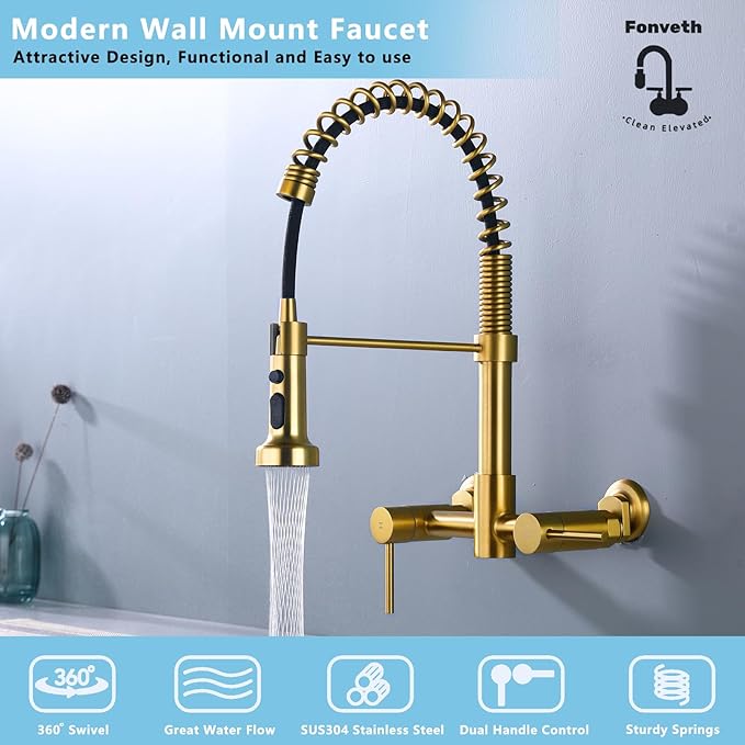 Wall Mount Kitchen Faucet, 8 Inch Center Wall Mount Kitchen Sink Faucet with Pull Down Sprayer, Commercial Brushed Gold