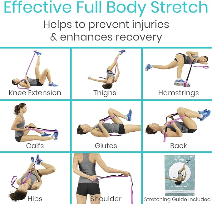 Vive Stretch Strap (75" - 10 Loops) - Leg Stretch Band to Improve Flexibility - Stretching Out Yoga Strap - Exercise and Physical Therapy Belt for Rehab, Pilates and Gymnastics with Guide Book-FlexoryFit