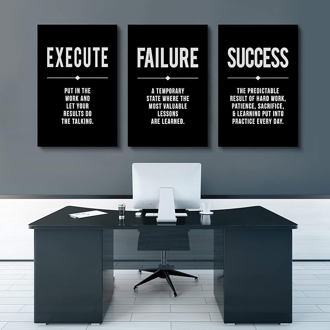 Framed Canvas Wall Art Success Quote, Office Wall Art, Black Large Poster, Positive Motivational Set of 3 Prints, Execute Failure Definition, Inspirational Print (A-3pcs,20x30inchx3pcs)-FlexoryFit
