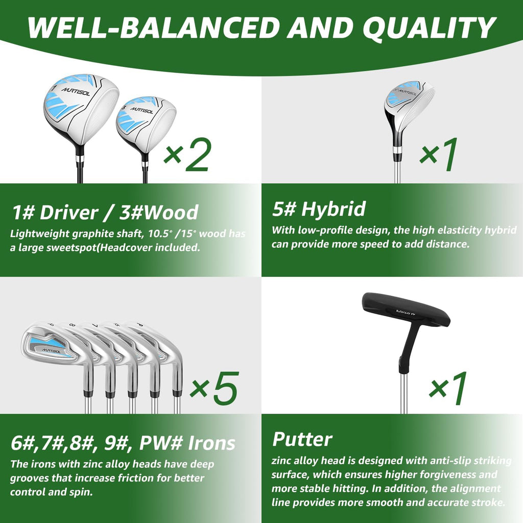 10 Pieces Complete Mens Womens Golf Clubs Set Right Hand for Men Women Includes Stand Bag with Rain Hood, 1#Driver 3#Wood #5 Hybrid,with 3 Head Covers, 6# 7# 8# 9# PW# Irons and Putter