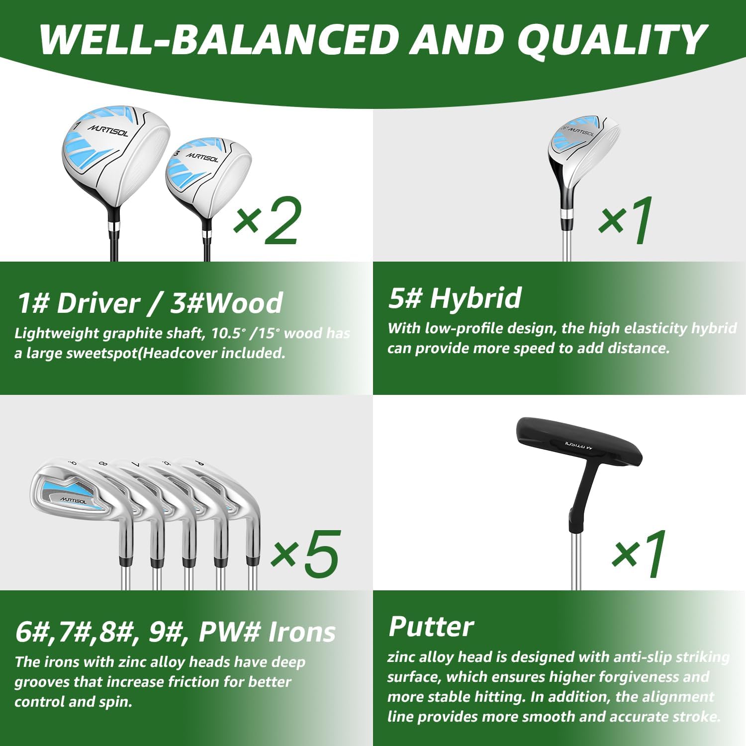 10 Pieces Complete Mens Womens Golf Clubs Set Right Hand for Men Women Includes Stand Bag with Rain Hood, 1#Driver 3#Wood #5 Hybrid,with 3 Head Covers, 6# 7# 8# 9# PW# Irons and Putter