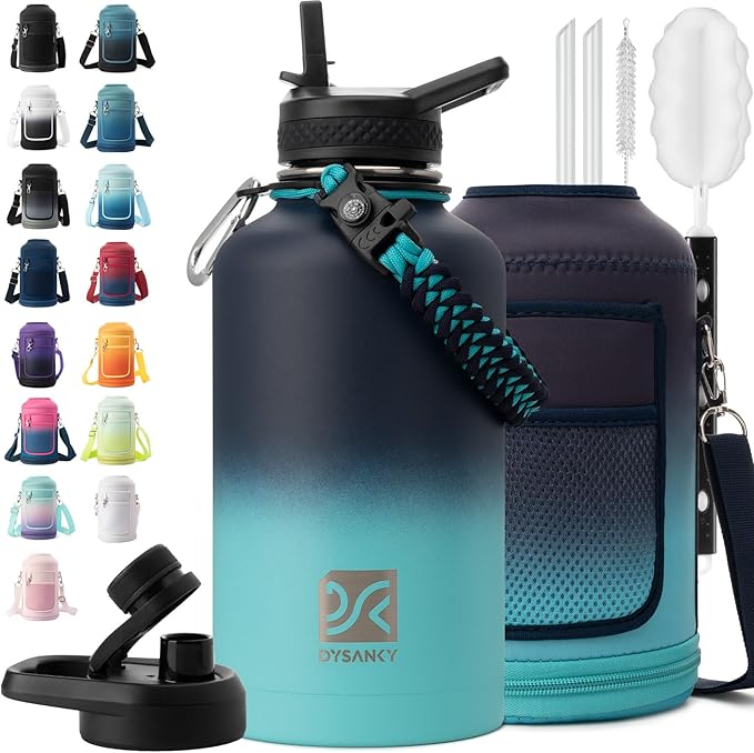 Insulated Water Bottle | Thickened Stainless Steel Vacuum Metal | Portable Sports Half Gallon Large Water Jug for Gym and Hiking with Straw, Carrier Bag, Handle Strap | BPA-Free 64 oz-FlexoryFit