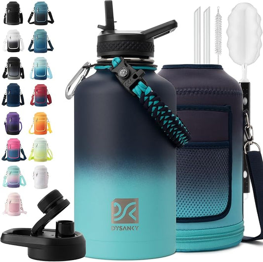 Insulated Water Bottle | Thickened Stainless Steel Vacuum Metal | Portable Sports Half Gallon Large Water Jug for Gym and Hiking with Straw, Carrier Bag, Handle Strap | BPA-Free 64 oz-FlexoryFit