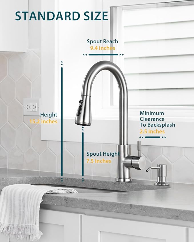 Kitchen Faucet with Soap Dispenser, Hiqufet Brushed Nickel Kitchen Faucet with Pull Down Sprayer, 3 Mode High Arc Single Handle RV Bar Sink Faucets for Pot Filler, Farmhouse Camper Bar Laundry Room