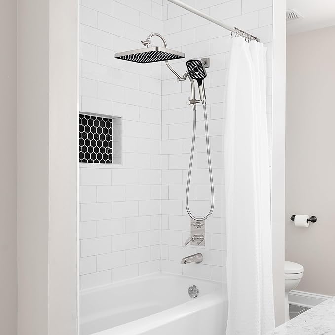 13 Inch Rainfall Shower Head with Multi-Function Handheld Sprayer Combo, 3-Way Metal Extended Diverter with Holder and Metal Adjustable Curved Shower Extension Arm, Extra Long Hose Brushed Nickel