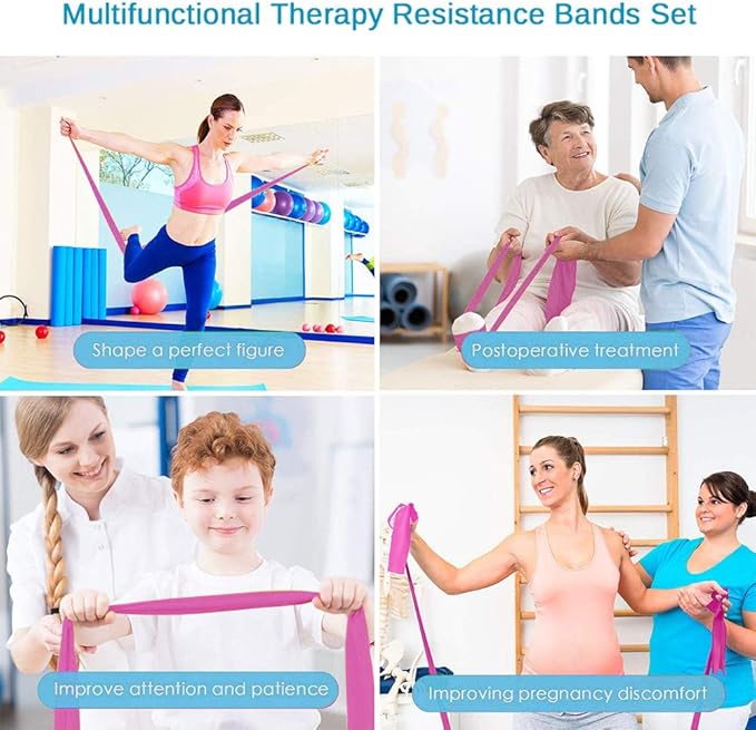 Therapy Flat Resistance Bands Set, Latex Free Flat Elastic Exercise Stretch Bands for Stretching, Flexibility, Pilates, Yoga, Ballet, Gymnastics, Rehab, Workout, Pink, Purple, Blue (3 Pack, 5 FT long)-FlexoryFit