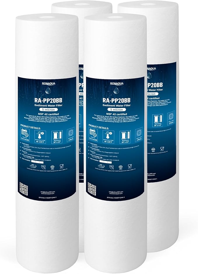 Ronaqua 20" x 4.5" Big Sediment Replacement Water Filter Cartridge, 5 Micron, NSF Certified, for Whole House, Compatible with 155358-43, 2PP20BB1M, AP810-2, FPMB-BB5-20, P5-20BB, SDC-45-2005, 4 Pack