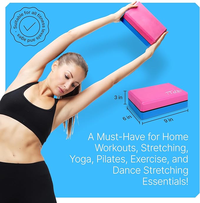 Yoga Blocks 2 Pack Set with Dance Stretch Band & Guide: Non-Slip EVA Foam Block - Ideal Stretching Equipment for Home Workouts, Pilates, Dance, Ballet, Gymnastics, Exercise - Stretch Strap Stuff Props-FlexoryFit