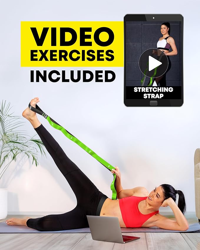 Stretching Strap with Loops - Non Elastic Stretch Band for Physical Therapy, Yoga Strap for Stretching Equipment, Stretch Bands for Exercise and Flexibility - Fascia, Hamstring & Leg Stretcher Belt-FlexoryFit