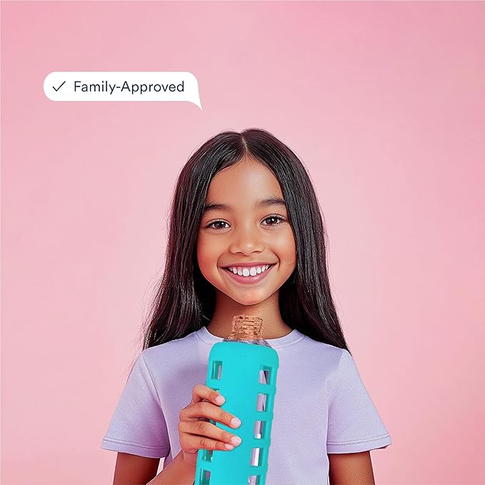 purifyou 40oz / 32oz / 22oz / 12oz Borosilicate Glass Water Bottle with Time & Volume Markers, Silicone Sleeve, Stainless Steel Lid | Reusable Glass Bottle for Water & Juice (32oz Aqua Blue)