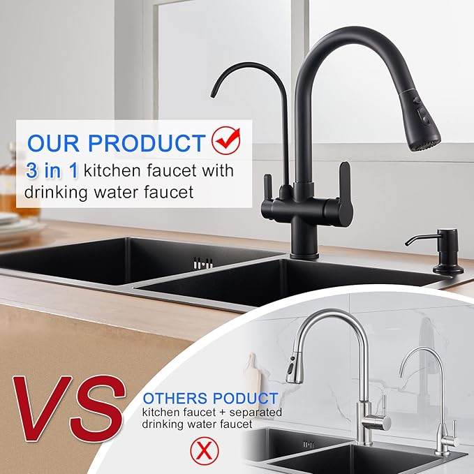3 in 1 Kitchen Faucet with Drinking Water Faucet, 18 inch Pull Down Spray Kitchen Sink Faucet Filter Faucet (Matte Black)