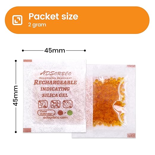 Adsorbco Rechargeable Desiccant, Indicating Silica Gel Packets, Moisture Absorbers for Storage, Gun Safe Dehumidifiers (200, 2g)