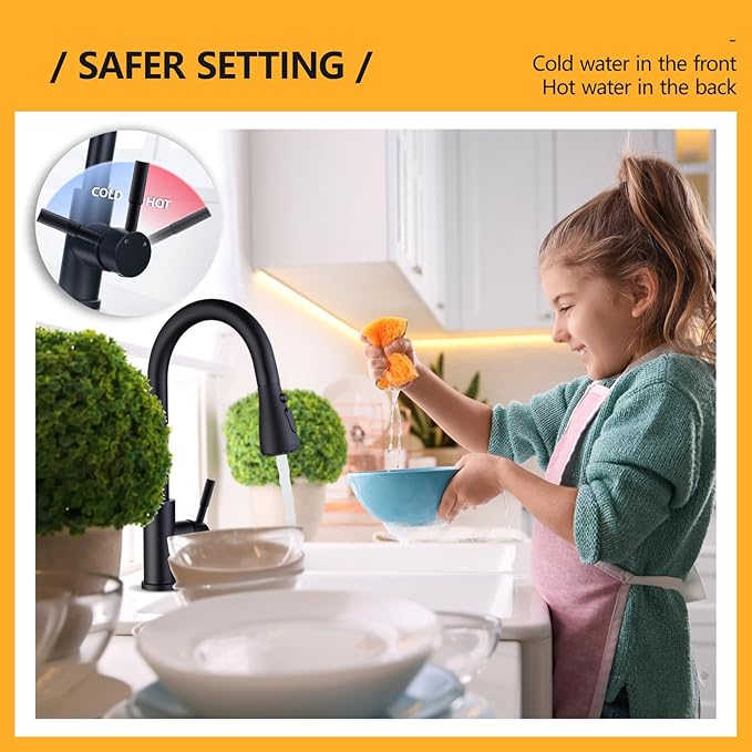 Black Kitchen Faucet with Pull Down Sprayer, Rv Kitchen Sink Faucets for Pot Filler, Farmhouse Camper Bar Sink Laundry Room, Fingerprint Resistant Single Hole Single Handle Stainless Steel