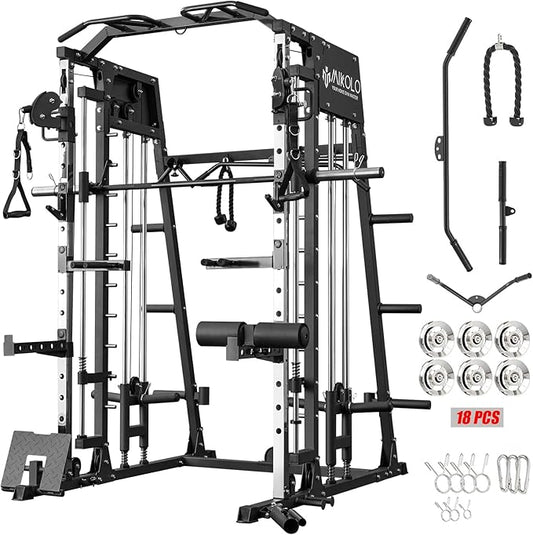 Mikolo Smith Machine, 2200lbs Squat Rack with LAT-Pull Down System & Cable Crossover Machine, Training Equipment with Leg Hold-Down Attachment-FlexoryFit