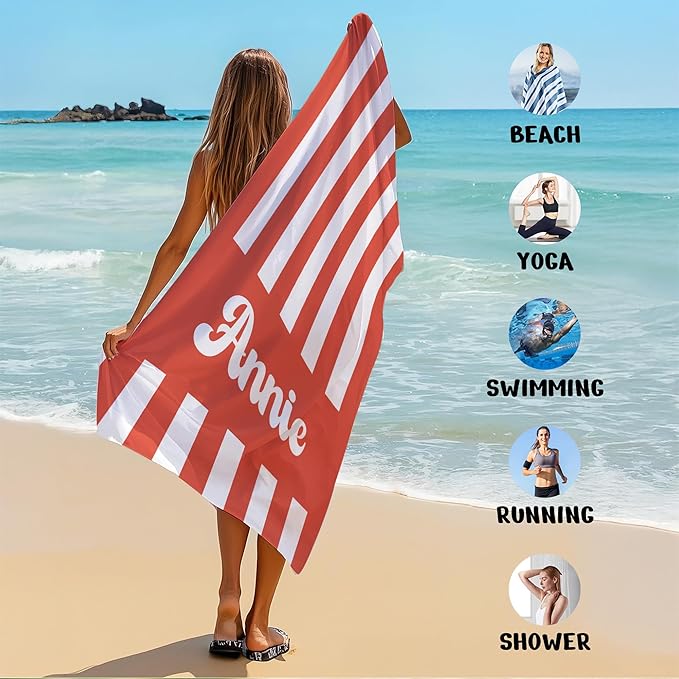 JML Personalized Beach Towel with Name, Custom Cabana Stripe Beach Towel, Customized Microfiber Pool Towel, Quick Dry & Absorbent Swim Towel for Adult,Mother's Day, Birthday, Summer Holiday,Vacation-FlexoryFit