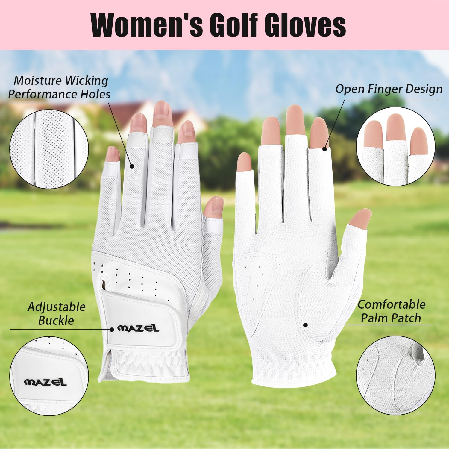MAZEL Women's Fingerless Golf Gloves One Pair Open-Finger Design,Breathable Hot Wet Weather Sweat-Absorbing,Fit Size S M L XL