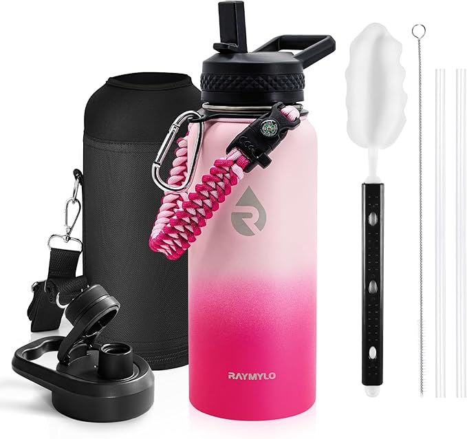 Insulated Water Bottle 32 oz, Triple Wall Vacuum Stainless Steel (Cold for 48 Hrs), Leak Proof & Non-BPA, Modern Water Flask Jug with Paracord Handle & Straw Spout Lids, Ombre Pink-FlexoryFit