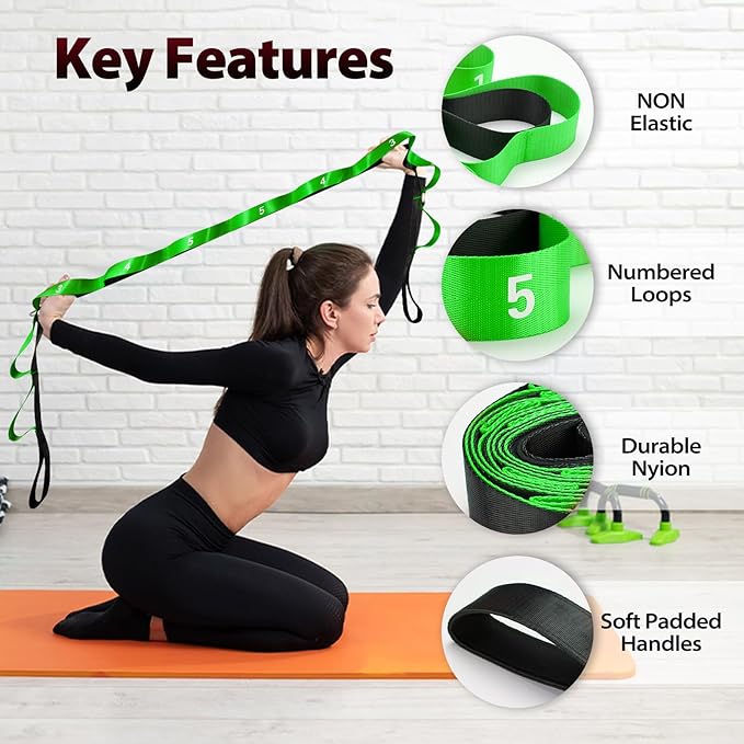 Stretching Strap with 10 Loops-Yoga Strap for Physical Therapy,Home Workout,Pilate & Flexibility Training,Non Elastic Exercise Stretch Band for Hamstring,Leg Stretcher Belt,Flexibility Fascia-FlexoryFit