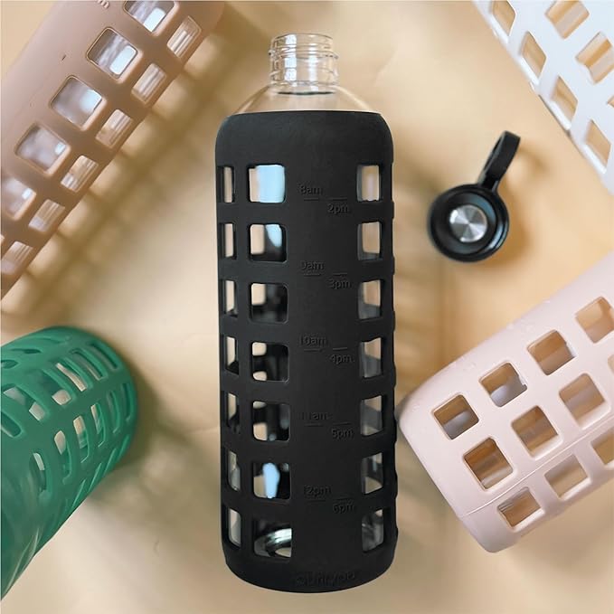 purifyou 40oz / 32oz / 22oz / 12oz Borosilicate Glass Water Bottle with Time & Volume Markers, Silicone Sleeve, Stainless Steel Lid | Reusable Glass Bottle for Water & Juice (40oz Jet Black)