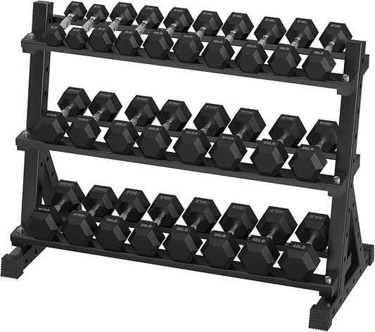 Hex Dumbbell Sets with Rack, 290-670 lb Rubber Encased Exercise & Fitness Dumbbells Set, Hand Weight for Strength Training, Weight Dumbbells-FlexoryFit