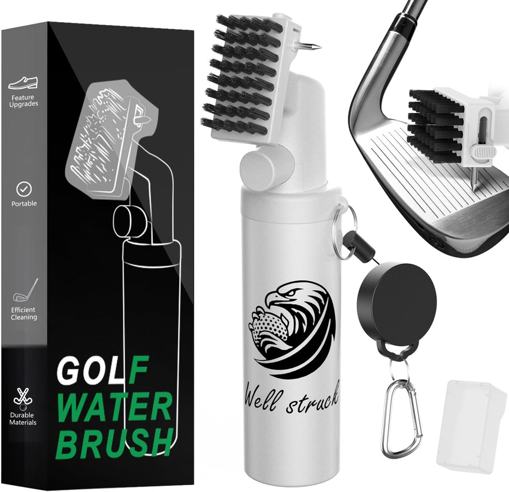 Pro Golf Club Cleaner - 4oz Water Bottle with Groove Cleaner and Retainer Clip, Durable Nylon Bristles for Easy Cleaning, Ergonomic Button Design, Golf Gifts for Men & Essential Accessories